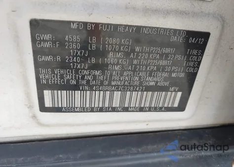 2012 Subaru Outback 2.5I z USA, uszkodzony, nr VIN 4S4BRBAC7C3287421